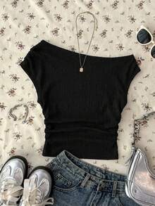 少女白色针织休闲简约波点印花不对称褶皱短款吊带背心，适合春夏穿着，休闲百搭，可打造个性造型，日常穿着 - 黑色 - 查看 6