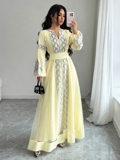 Elenzga فستان حفلة أنيق للنساء للخريف/الشتاء، عيد الميلاد، هالوين، ، رأس السنة، مع تصميم شبكي ونفحات كم، طبعة زهور على الخصر مع ربطة عنق على شكل V، مناسب لحفلات الزفاف والتخرج