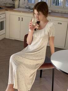 DAZY Teen Girls U-Neck Ruffle Trim Polka Dot Casual Loose Fit Loungewear