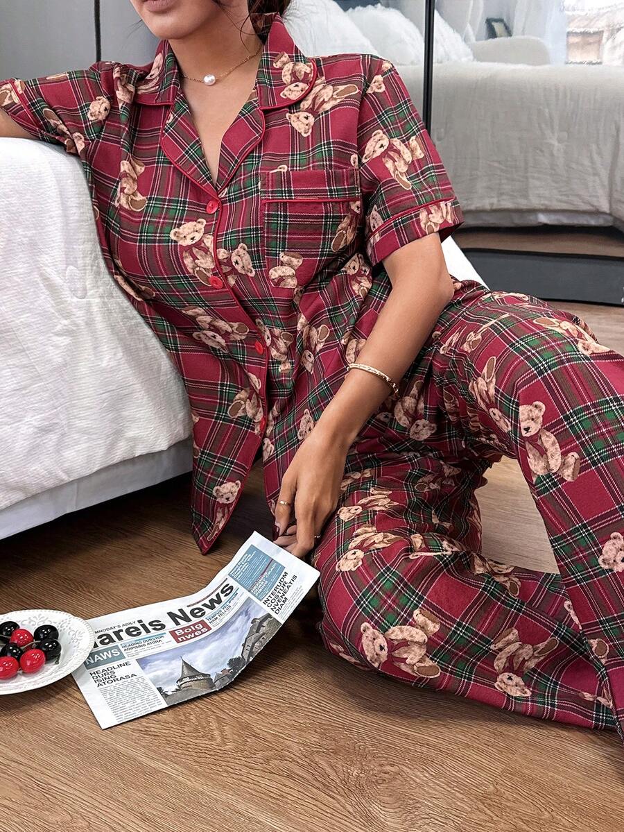 SHEIN Napfluff Plaid Bear Print Lapel Short Sleeve Pants Women Pajama Set - Red - View 1