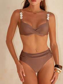 Swim Chiccia Women Solid Color Spaghetti Strap Pearl Decor Adjustable Back Underwire Supportive Ruched Front Triangle Two Pieces Swimwear - Coffee Brown - View 8