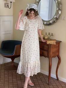 DAZY 少女方领碎花短袖休闲夏季连衣裙 - 杏色 - 查看 2