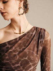 Arave 女士时尚豹纹网纱透视露肩长袖连体衣 - 棕色 - 查看 2