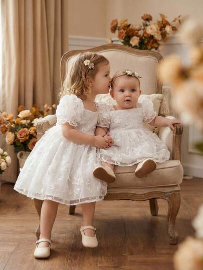 SHEIN Baby Girl Versatile Princess Style White Mesh Dress, Soft & Comfortable For Home, Outings, And Parties, Summer