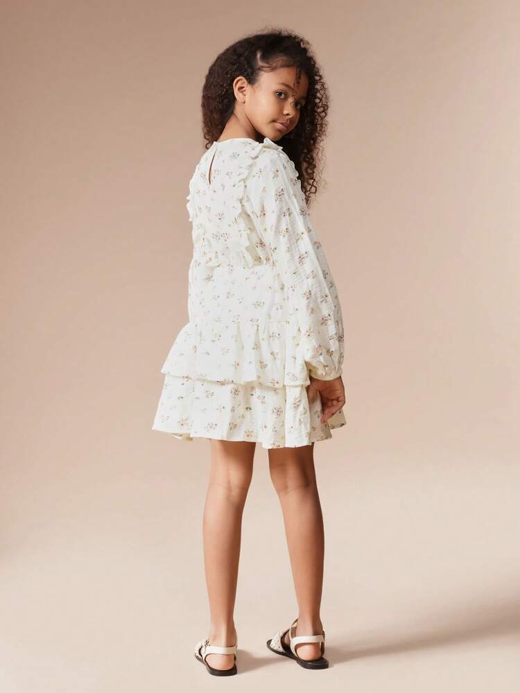 Floral Print Ruffle Dress With Puff Sleeves