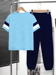 男童休闲简约时尚经典Y2K风67款美式复古运动宽松舒适百搭圆领短袖T恤裤套装 - 彩色 - 查看 3