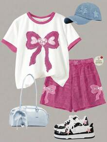 2pcs/Set Denim Pink, Vintage Patchwork Bow Decor Casual Loose Round Neck Short Sleeve T-Shirt And Shorts Set, Suitable For Teen Girls Daily, Home, Vacation, Campus, Holiday, Spring & Summer - Multicolor - View 2
