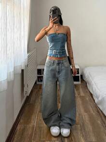 StreetHx 时尚休闲复古街头风牛仔抹胸上衣 - 中等水洗藍 - 查看 3