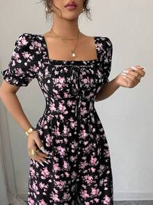 Rafferiza 女士优雅度假束腰印花连体裤 - 玫紅色 - 查看 6