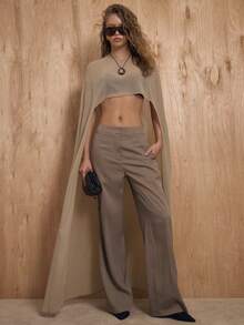 MUSERA 垂褶圆领薄纱及地披肩式上衣，仅上衣，新年可爱性感外出晚宴派对点缀情人节春夏假日场合婚礼宾客 - 卡其色 - 查看 1