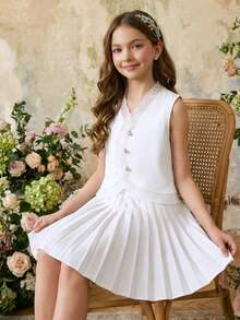 Tween Girls French + Preppy Style White Sleeveless Vest + Pleated Skirt 2 Pieces Set - White - View 3