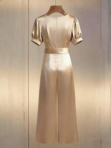 Franclia 优雅通勤圆领珍珠串珠腰带醋酸缎面修身腰部休闲商务女士连体裤 - 杏色 - 查看 2