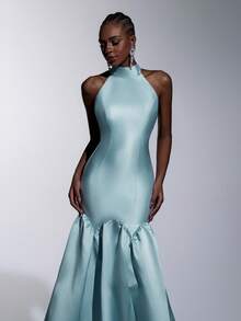 Elitara 优雅浪漫时尚的蓝色缎面高领露背吊带可调节系带荷叶边下摆正式派对礼服、婚礼宾客礼服、蓝色长裙、时尚优雅伴娘礼服、正式晚礼服 - 霧霾藍 - 查看 3