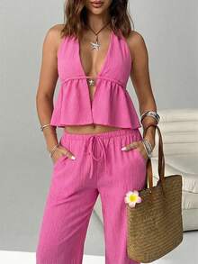 SHEIN EZwear 女士性感露背系带吊带背心和阔腿裤套装，夏季海滩度假风 - 玫紅色 - 查看 3
