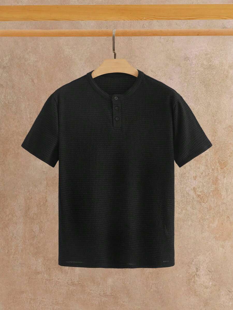 Mainfolk Men's Black Henley Shirt,Summer Casual Holiday Textured Solid Color Button Half Placket Short Sleeve T-Shirt Simple Fashion Commuting Western Style