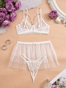 Lace Chain Underwire Mesh Tulle Skirt, Women's Sexy Lingerie Set (3 Pieces) - White - View 2