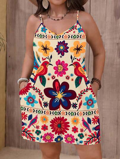 EMERY ROSE VCAY Resort Floral Print Casual Loose Fit Jumpsuit, Suitable For Plus Size, Summer Suitable For Going Out