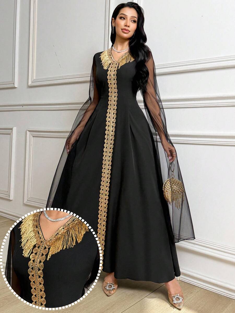 Al Najma Women's Waist-Cinched Elegant Arabic Style Maxi Dress With V-Neck, Tassels And Sheer Long Sleeves, Summer - Black - View 1