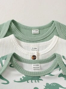 SHEIN 3pcs Infant Boys' Casual Ribbed Romper Set, Suitable For Everyday Wear, Summer - Green - View 5