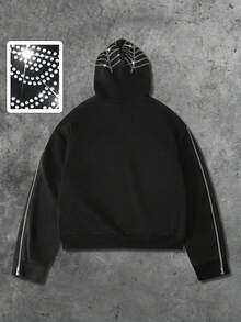ROMWE MEN Street Life Men's Rhinestone Spider Embellished Streetwear Style Hoodie Sweatshirt, Autumn/Winter - Black - View 2