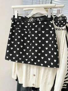 Franclia Chân váy đen in họa tiết trái tim thanh lịch và lãng mạn dành cho nữ, thoải mái, thời trang và giản dị. Bao gồm cả chân váy đen có thắt lưng, thích hợp cho kỳ nghỉ hè và ngày Valentine. - màu đen - Xem 3