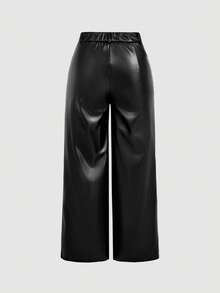 SHEIN MOD 大码女式PU皮革弹力腰优雅阔腿直筒裤 - 黑色 - 查看 2
