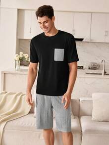 CoupledUp Set Piyama Pria Kasual Motif Patchwork Warna Kontras Kaos Leher Bulat dan Celana Pendek Bergaris - Hitam - View 7