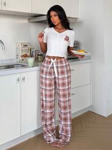 SHEIN Cartoon Bear Ruffle Trim Short Sleeve Top & Plaid Pants Women Pajama Set - Brown - View 7