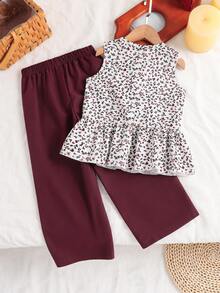 SHEIN Setelan Camisole dan Celana Panjang Lebar Motif Bunga Kecil Musim Panas untuk Anak Perempuan, Pakaian Seragam Keluarga yang Manis & Imut untuk Keperluan Sehari-hari di Luar Ruangan - MultiWarna - View 2