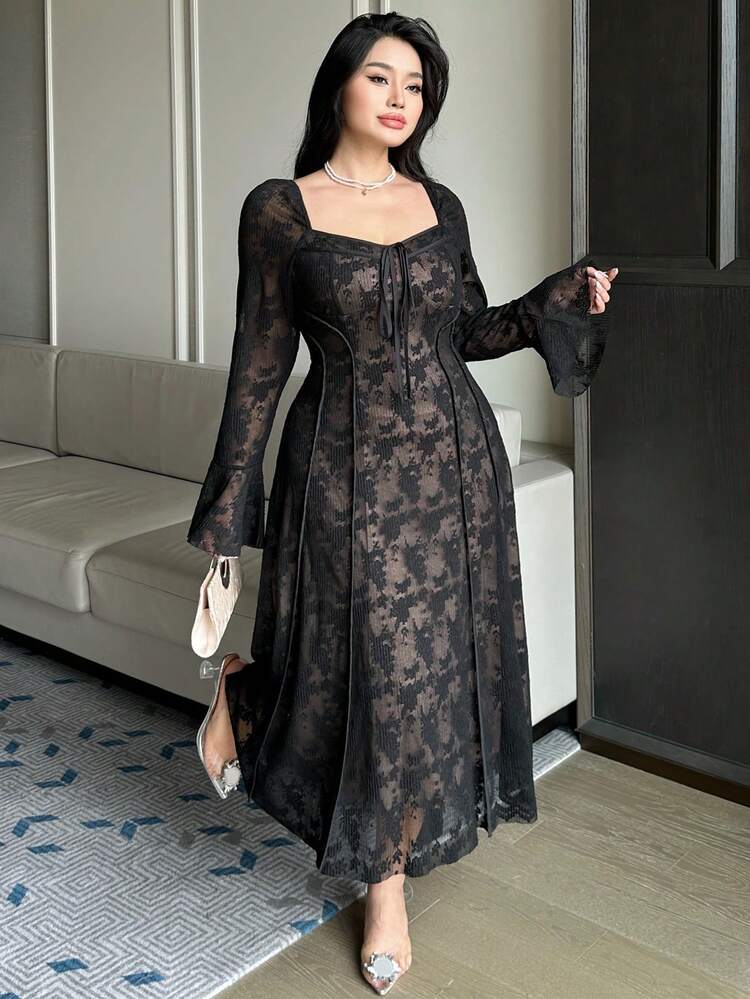 Dazy Plus Plus Size Elegant Lace Patchwork Flare Sleeve Bodycon Dress, Slim Fit, Suitable For Party, Date, Spring/Summer Dress