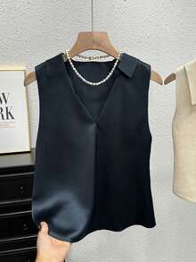 Easura 2026 时尚休闲度假风百搭简约日常加大码纯色飘逸无袖翻领背心女式沙滩装上衣 - 藏蓝色 - 查看 8