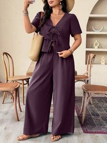 Breezaya Conjunto de 2 peças com top de manga curta com amarração e calça longa em cor sólida, tamanho plus size - Violeta - Visão 8