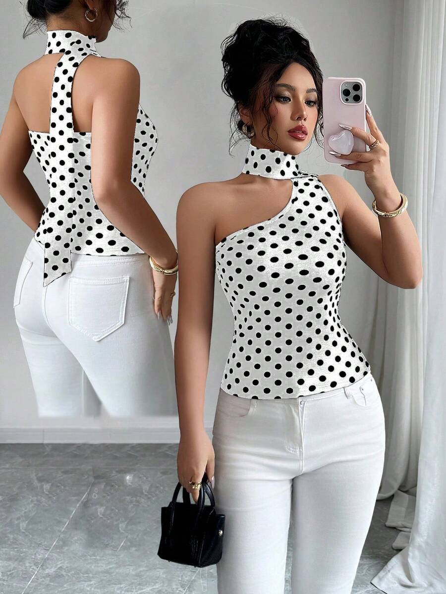 Elenzga Women's Y2K Polka Dot Print Fitted Halter Neck Camisole - White - View 1