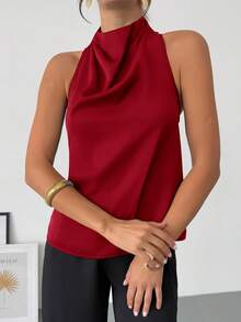 New Spring/Summer Elegant Simple Daily Commuter Vintage Modern Asymmetrical Neckline Sleeveless Halter Backless Bow Decor Body-Con Black Shirt For Work Red - Burgundy - View 6