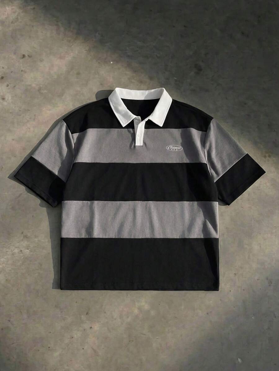 SWAVVY Men's Striped Short Sleeve Casual Commuter Polo Shirt - Black - View 1
