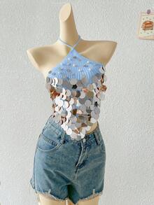 Elamini Sexy Versatile Vacation Style Beaded Halter Knit Top - Blue - View 3