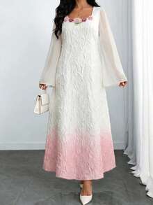 Yasmyna Women's Elegant Arabic Style Chiffon Dress With Textured Gradient Patchwork, Long Sleeve, Stand Collar, A-Line Silhouette, Spring/Summer