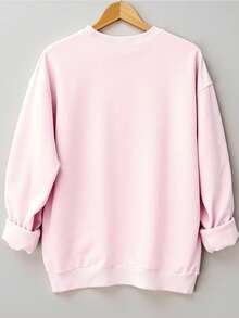 SHEIN LUNE 圣诞主题图案印花，高品质颜料染色节日套头衫，圣诞花圆领长袖羊毛运动衫 - 粉色 - 查看 2