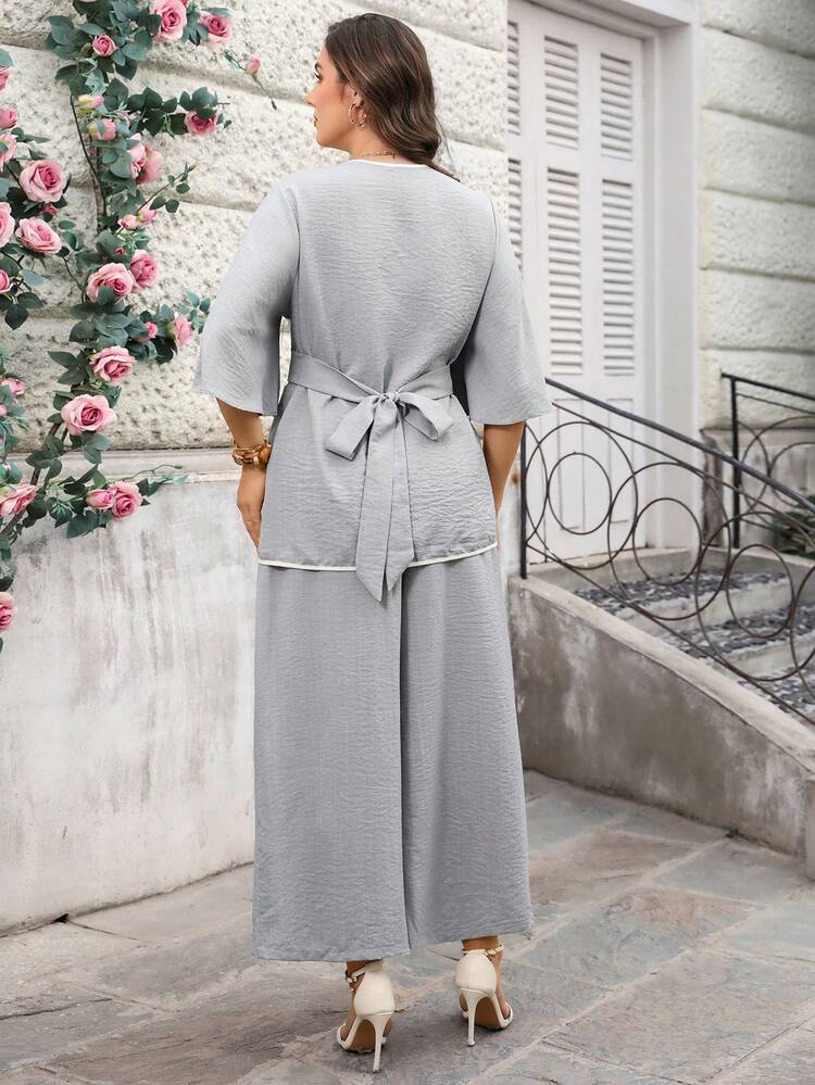 Plain Baby Blue Semi Sheer Woven Casual Two Piece Set For Women With Wrap Blouse Batwing Sleeves And Long Pants