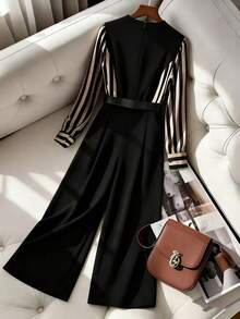 Franclia Bộ đồ liền thân tay dài cổ chữ V đan chéo họa tiết sọc vá kiểu Pháp thanh lịch dành cho nữ, mẫu mới Thu/Đông - Nhiều màu - Xem 2