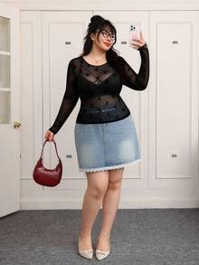 CovetEZ Blusa de manga larga con cuello redondo, estampado de lunares transparente y sexy para mujer de talla grande - Negro - Ver 4