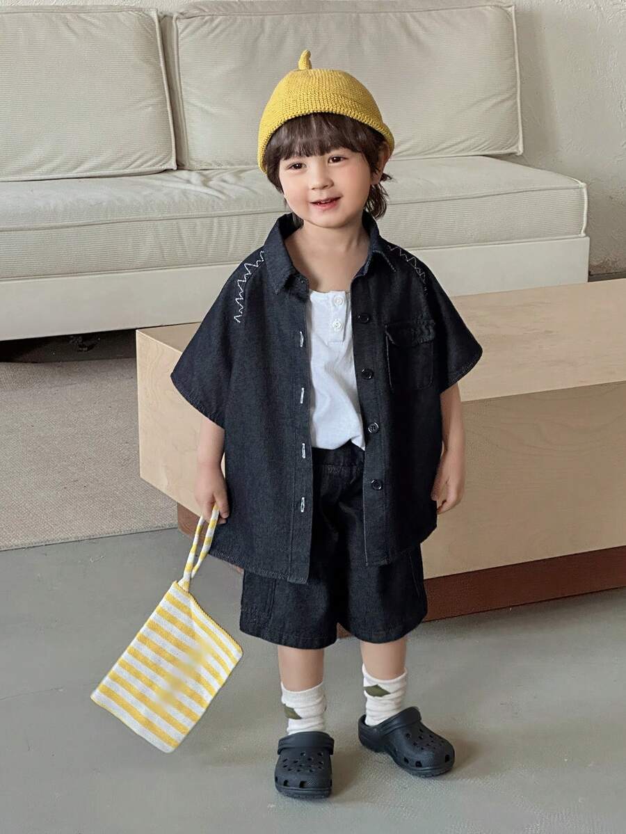 DAZY Young Boy Summer Casual Fashion Street Daily Commute Flap Pocket Shirt And Loose Denim Shorts Set - Black - View 1