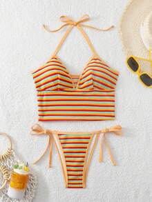 Swim Mod Women's Pride Month Multicolor Striped Bikini Set,Orange Summer Beach Vacation Casual Two Pieces Swimwear Fabric Bathing Suit For Party Tanning - Multicolor - View 3