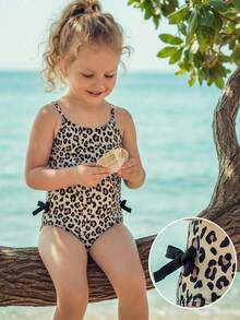 SHEIN 女童针织休闲可爱豹纹圆点蝴蝶结连体泳衣