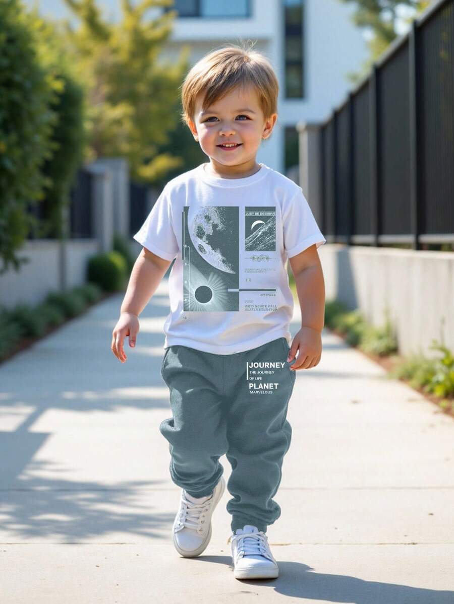 2件套男童休闲简约字母印花圆领短袖上衣和裤子套装 - 彩色 - 查看 1