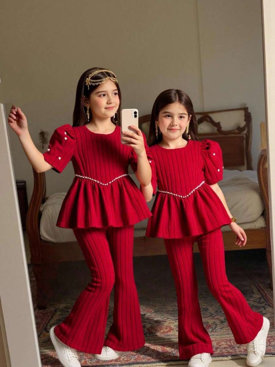 Young Girls T-Shirt Co-Ords - Burgundy - View 1