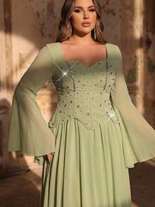 Glamrae 大码优雅奢华祖母绿喇叭袖手工镶钻可拆卸领带弹力针织雪纺长裙，适合婚礼、活动、单身派对、度假、晚宴、正式场合。 - 綠色 - 查看 6