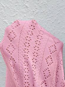 SHEIN Clasi Quần ống rộng màu hồng khoét rỗng, thêu họa tiết, chất liệu jacquard, cạp chun, xếp ly, xẻ tà bên hông, thích hợp cho kỳ nghỉ. - Hồng - Xem 7