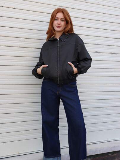 SILVIA DI SANTO Autumn New Vintage Washed Snow Flake PU Leather Jacket