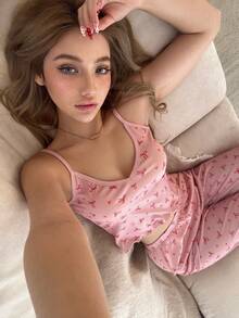 SHEIN Heart & Bow Print Women Camisole & Pants Pajama Set - Dusty Pink - View 1